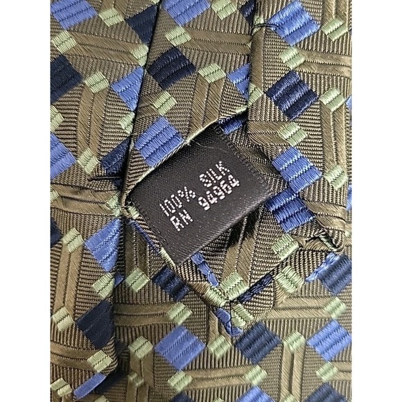 Renzo Men's 100% Silk Handmade Necktie Geometric Blue Navy Green EUC - Picture 7 of 8